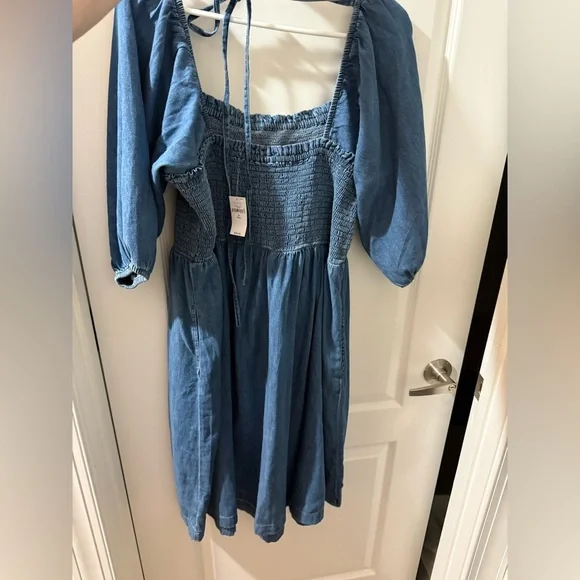 NWT Gap Cotton puff sleeve smocked denim boho y2k Cottagecore mini dress XLT - Picture 6 of 8